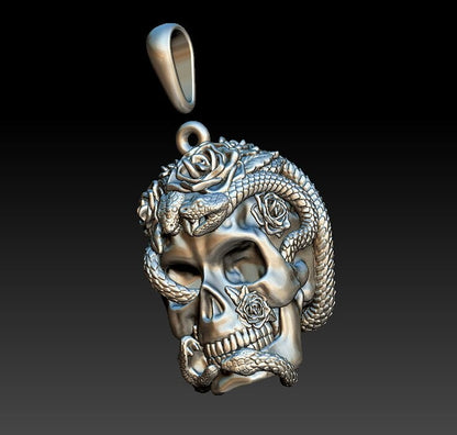 Silver Skull Roses Snake Serpents Pendant US7~15 Gothic Biker Jewelry Pendant