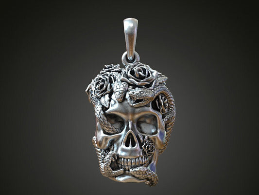 Silver Skull Roses Snake Serpents Pendant US7~15 Gothic Biker Jewelry Pendant