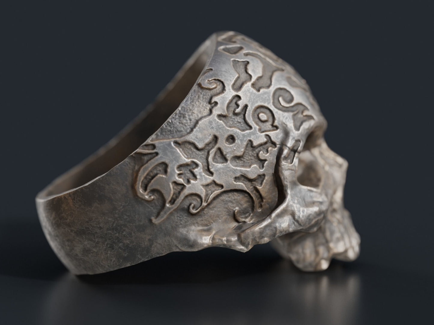 Retro Gothic Flower Carved Skull Ring Silver Skeleton Punk Signet Ring US5-15