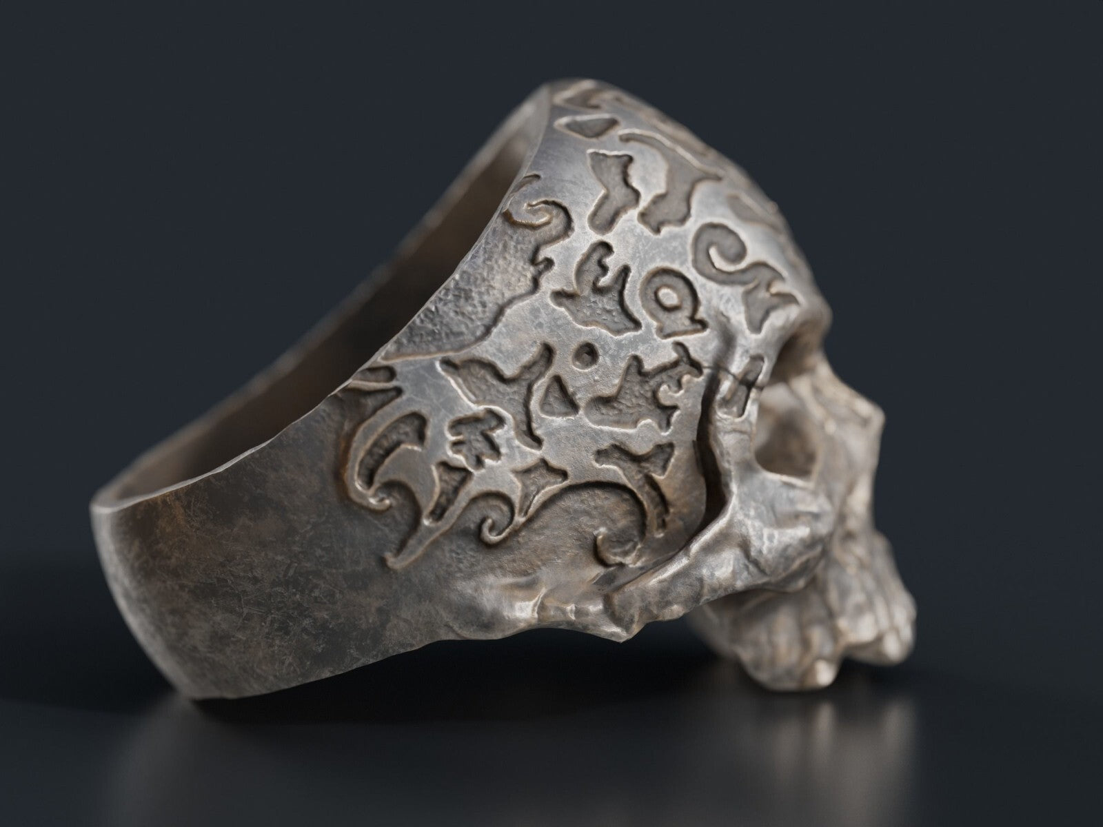 Retro Gothic Flower Carved Skull Ring Silver Skeleton Punk Signet Ring US5-15