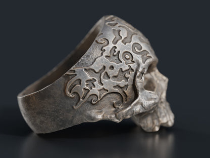 Retro Gothic Flower Carved Skull Ring Silver Skeleton Punk Signet Ring US5-15