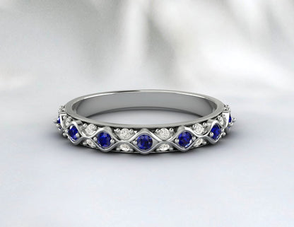 Sapphire Cz Diamond Wedding Band Fine Silver Antique Vintage Band Lab Created