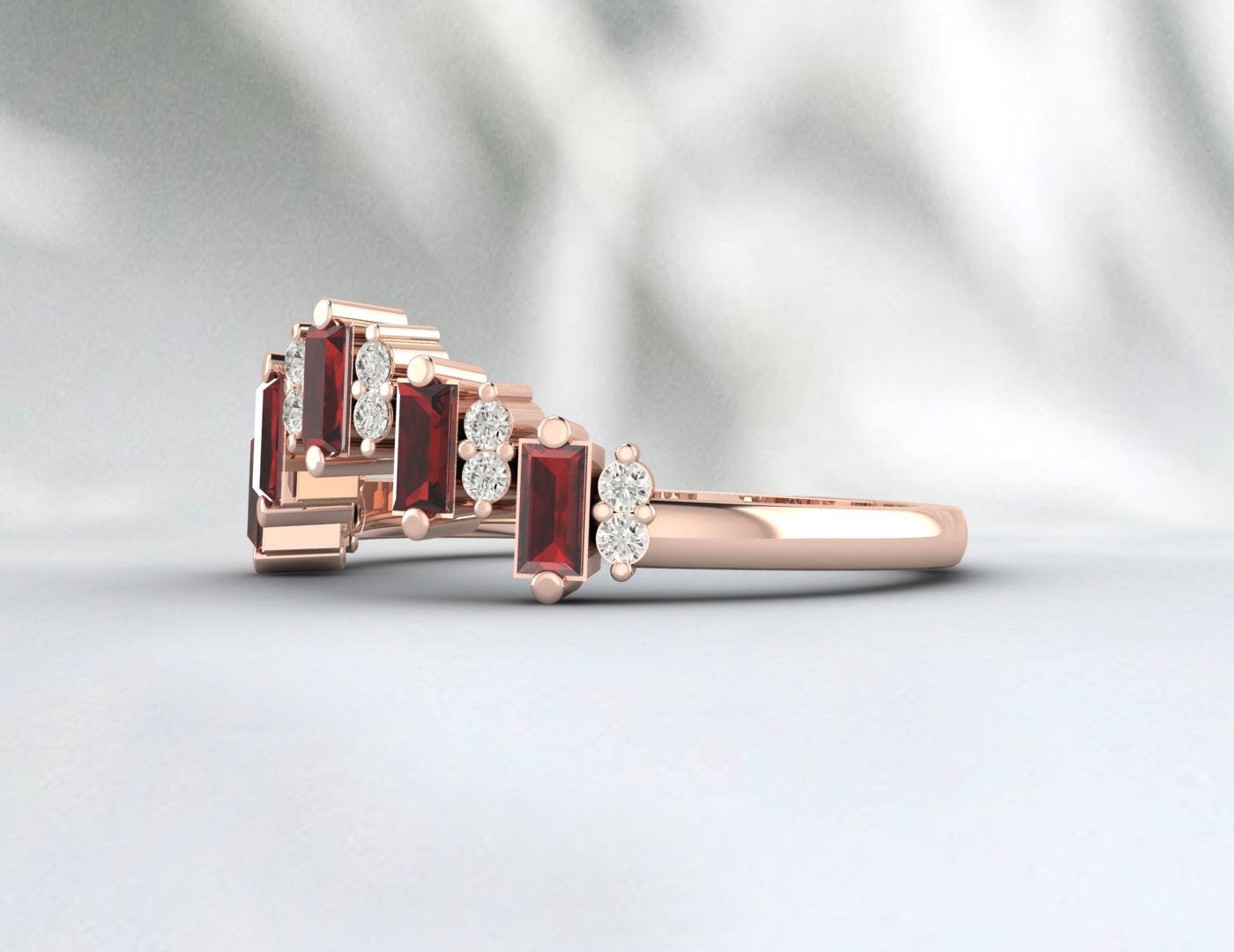 Natural Baguette Red Garnet Crown Wedding Band Fine Silver Daimond Stacking Band