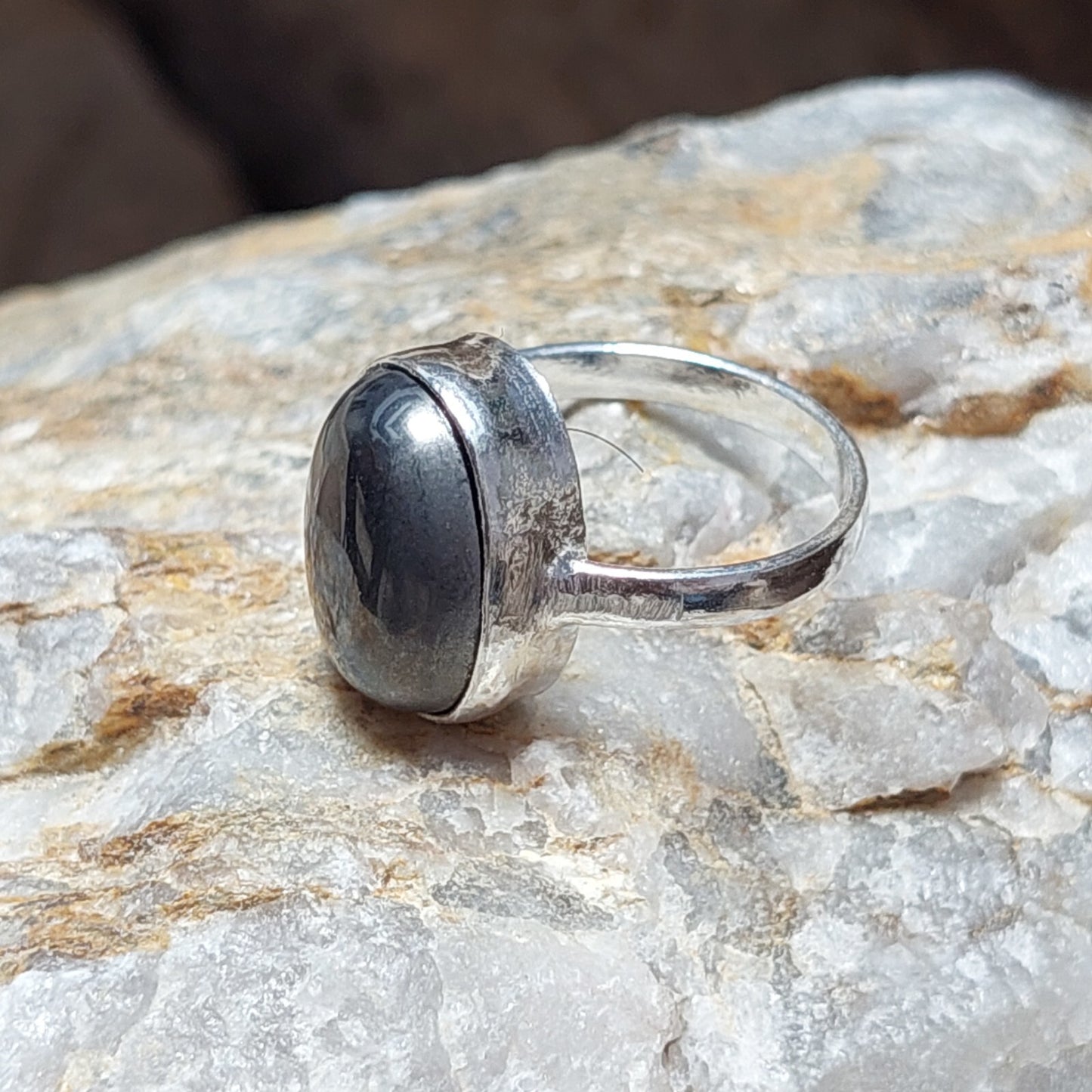 Oval Hematite 925 Sterling Silver Ring,Bezel Rings,Mirror,Chrome Color Stone