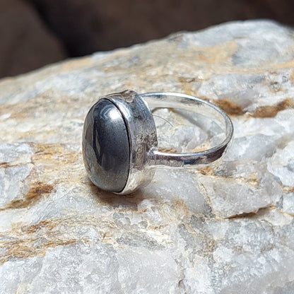 Oval Hematite 925 Sterling Silver Ring,Bezel Rings,Mirror,Chrome Color Stone