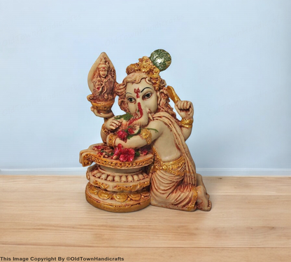 Ganesha with Shivling Statue Ganesh Cream Golden Decor Gift for Home & Office