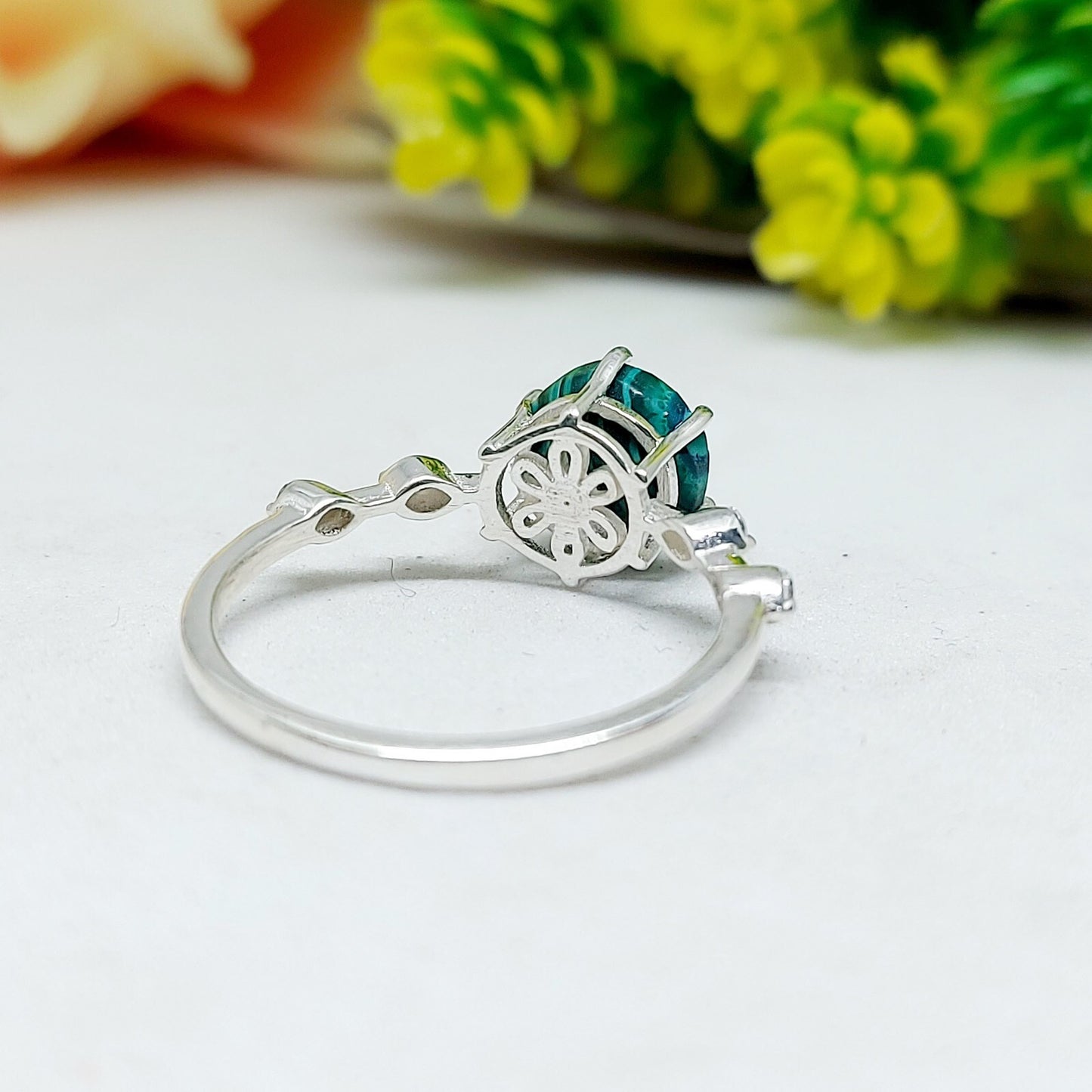 Natural Hexagon Malachite Ring 925 Sterling Silver Engagement Women's Jewelry