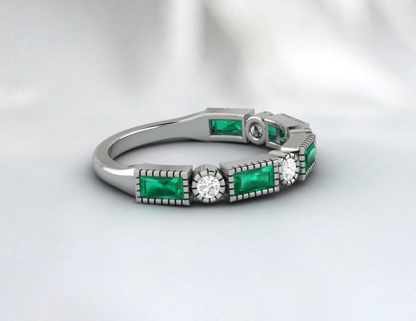 Baguette Cut Emerald & Cubic Zirconia Half Eternity Fine Silver Band Lab Created