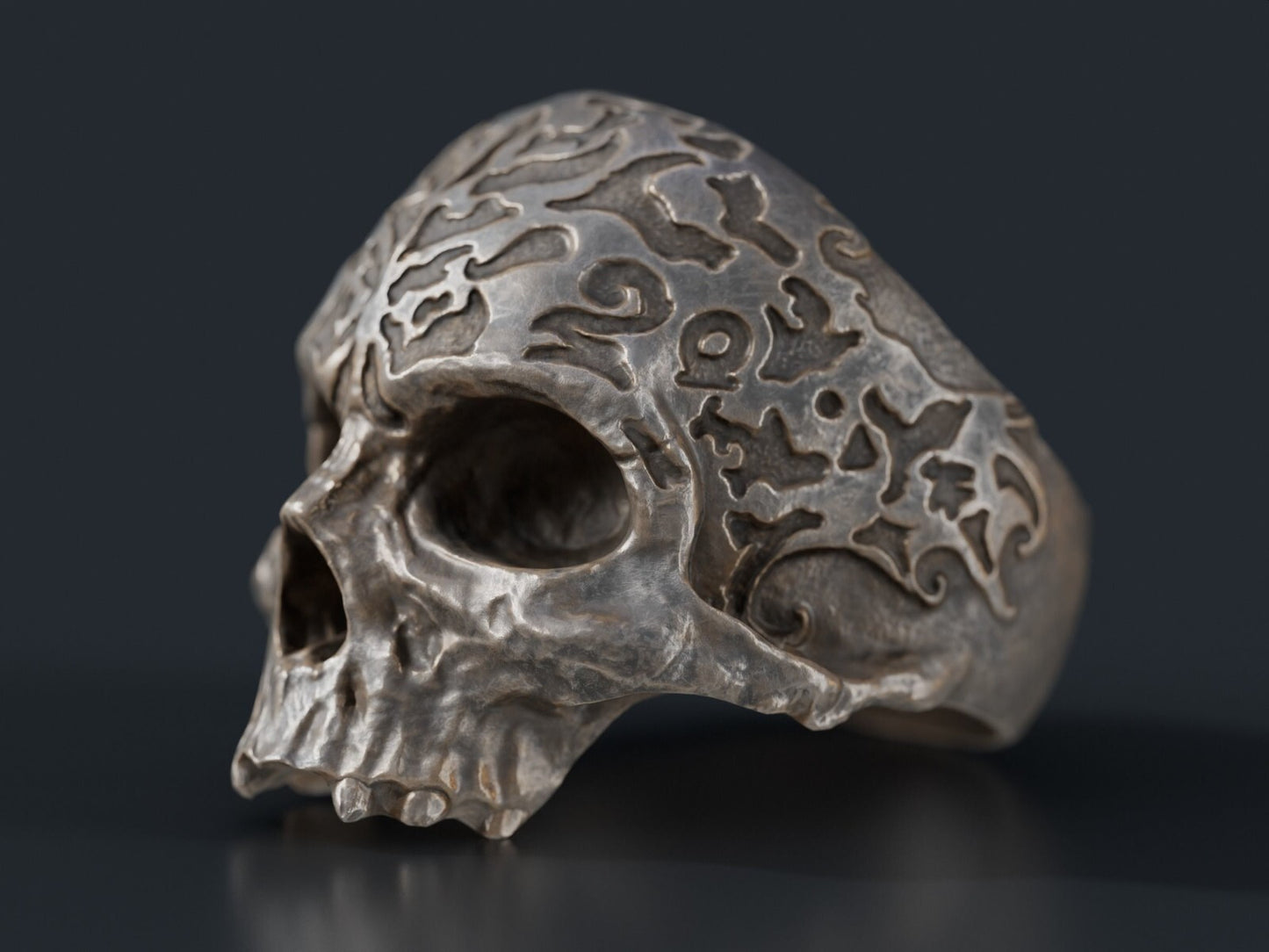 Retro Gothic Flower Carved Skull Ring Silver Skeleton Punk Signet Ring US5-15