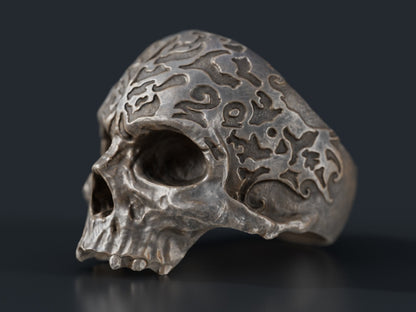 Retro Gothic Flower Carved Skull Ring Silver Skeleton Punk Signet Ring US5-15