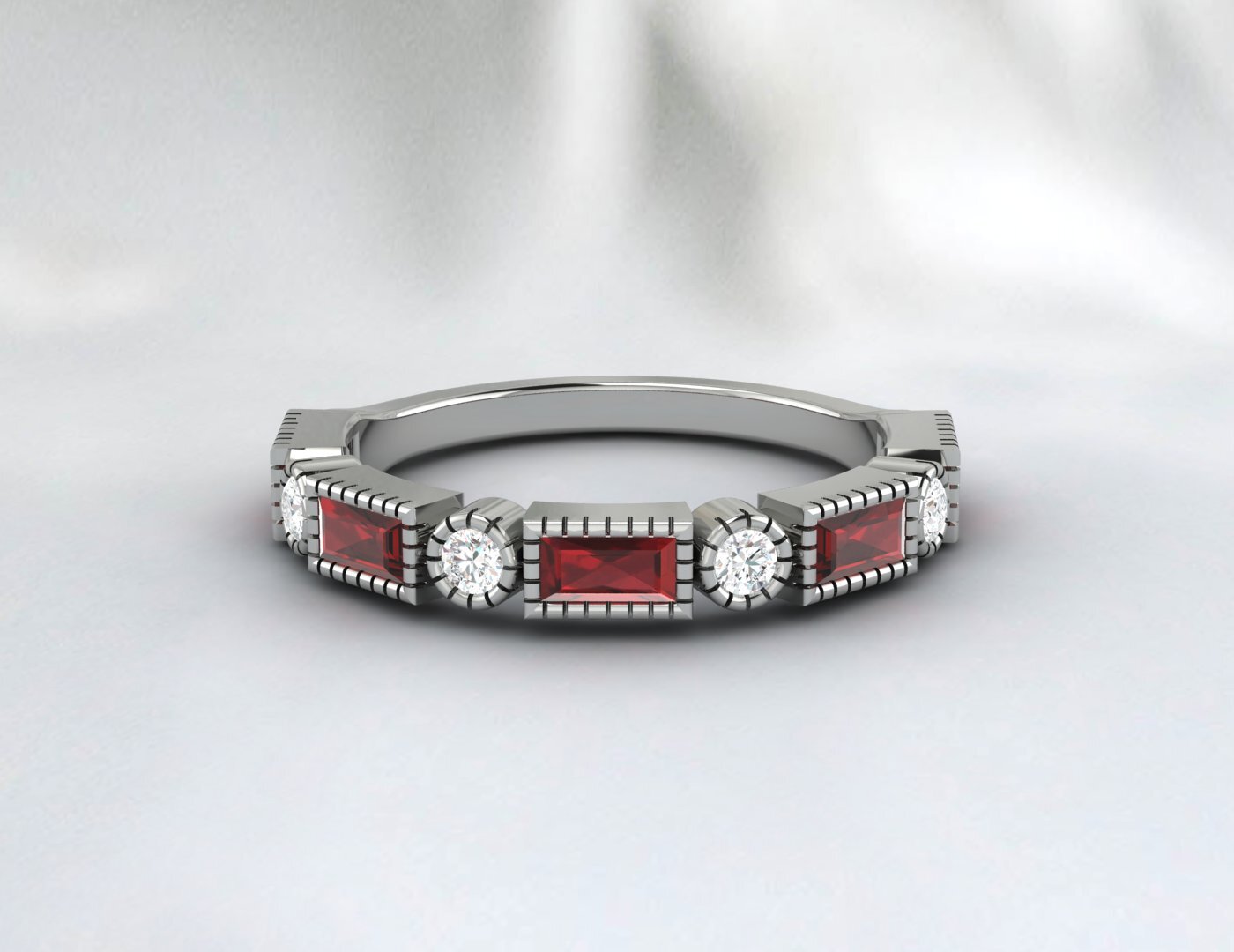 Natural Baguette Cut Red Garnet & Cubic Zirconia Half Eternity Fine Silver Band
