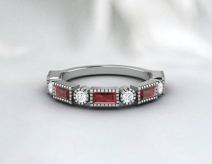 Natural Baguette Cut Red Garnet & Cubic Zirconia Half Eternity Fine Silver Band