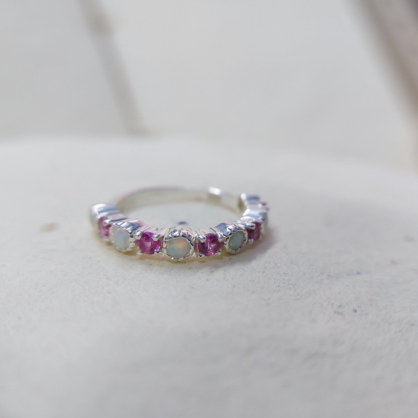 Opal and Ruby Wedding Ring Half Eternity Band Silver Stackable Band Gift Us5~ 15
