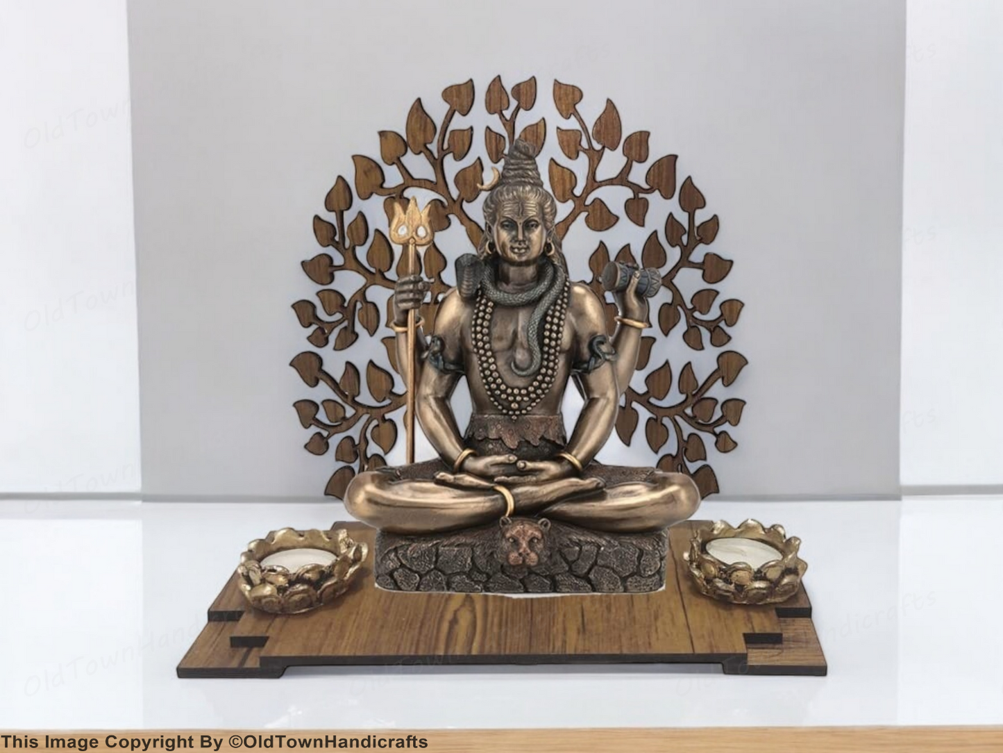 Polyresin Lord Shiva Statue with Wooden Bodhi Tree Tealight Holders for Pooja