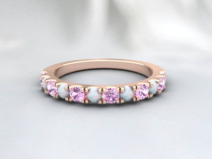 Natural Round Opal And Pink Sapphire Half Eternity Band Fine Silver Wedding Band