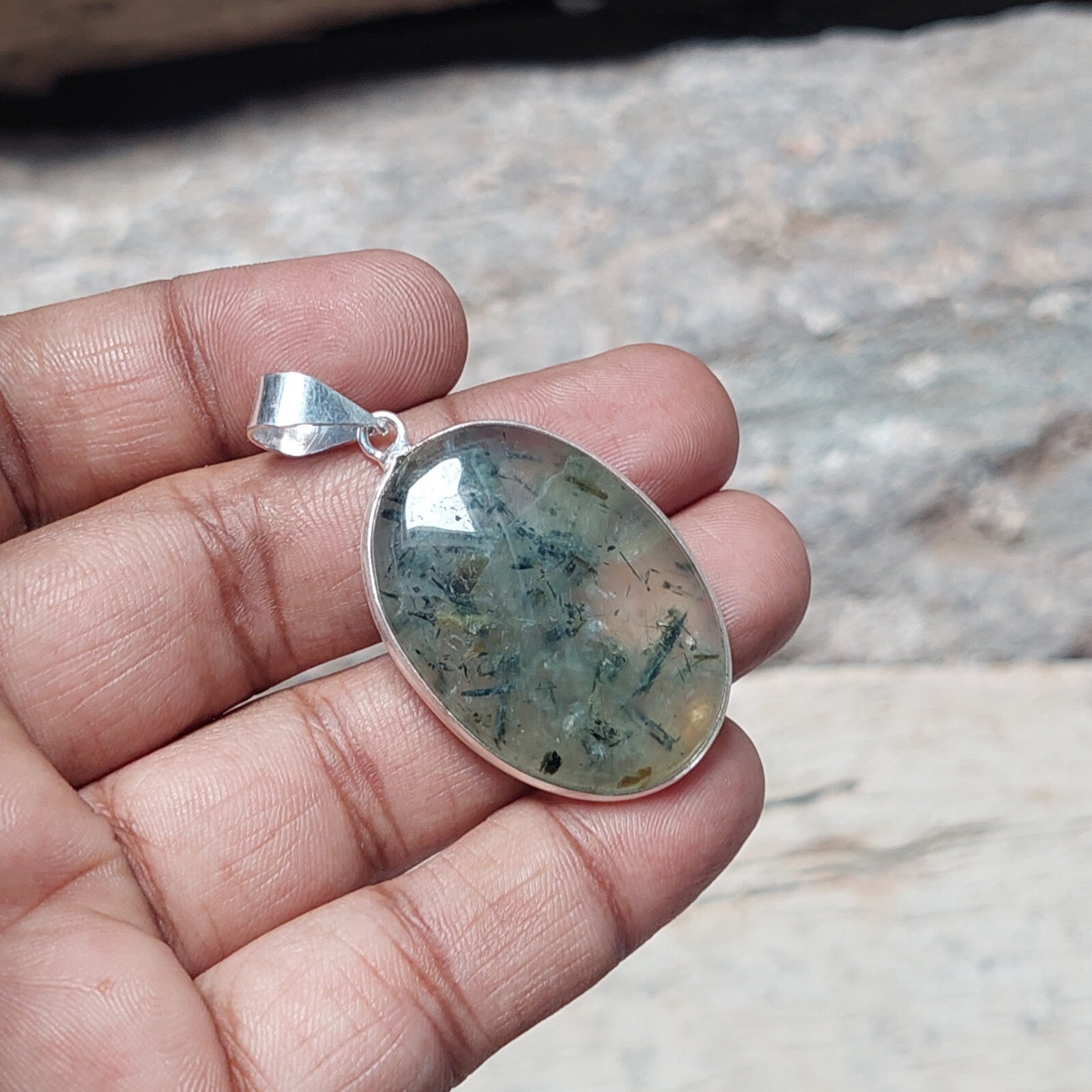 Oval Green Prehnite Gemstone Pendant,925 Sterling Silver Pendant For Women Gift