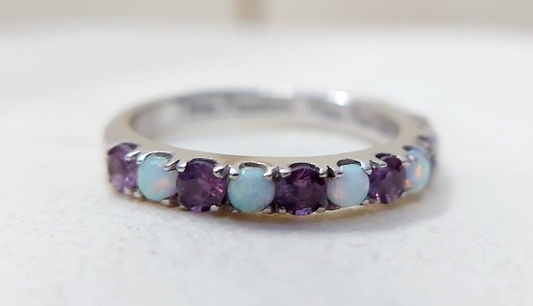 Fire Opal Amethyst Ring Genuine Silver Half Eternity Band Handmade Women US5~15