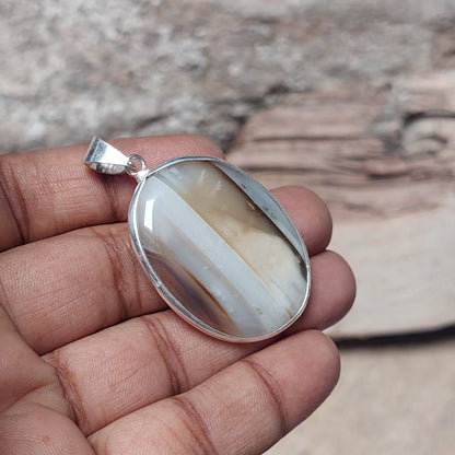 Oval Grey Banded Agate Pendant 925 Sterling Silver Perfect Gift For Anyone
