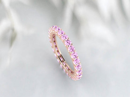 Natural Round Pink Sapphire Band Eternity Stacking Promise Fine Silver Band