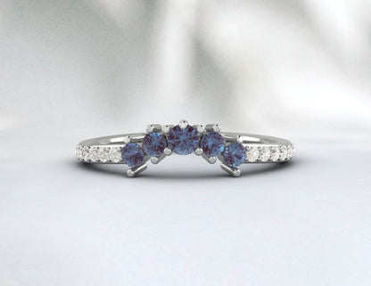 Natural Alexandrite Curved Wedding Band Half Eternity Fine Silver 5 Gemstone