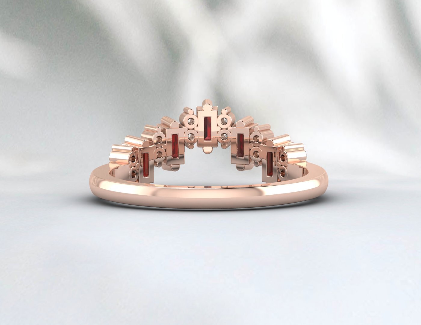 Natural Baguette Red Garnet Crown Wedding Band Fine Silver Daimond Stacking Band
