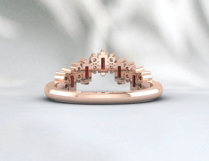 Natural Baguette Red Garnet Crown Wedding Band Fine Silver Daimond Stacking Band