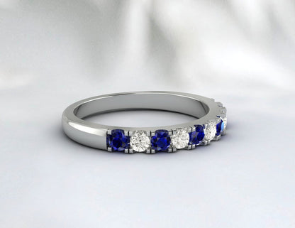 Blue Sapphire Half Eternity Band With Cz Diamond 925 Sterling Silver Lab Created