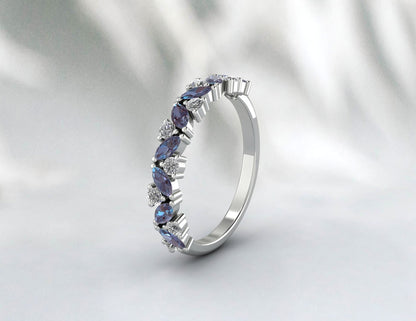 Natural Marquise Alexandrite Wedding Band Half Eternity 925 Silver Birthstone