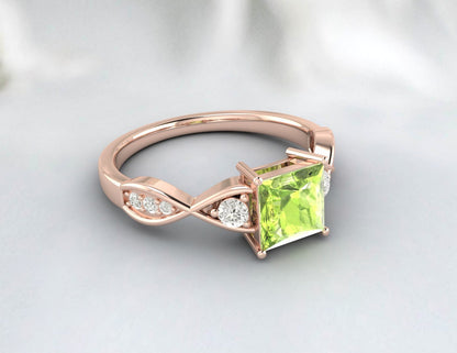Natural Princess Cut Green Peridot Gemstone Ring Silver Engagement Ring US5~15