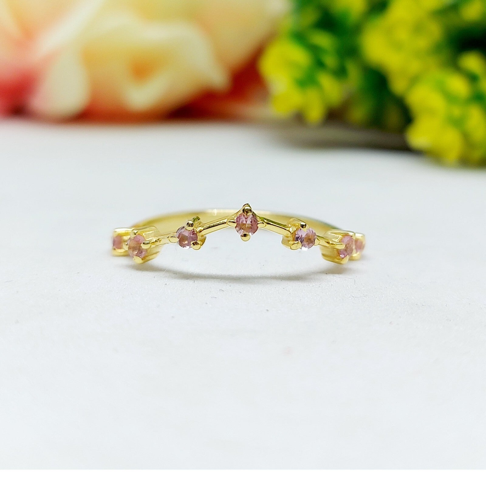 Natural Pink Sapphire Simple Band 925 Sterling Silver Curved Designer Band Gift