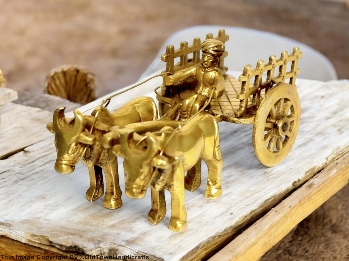 Brass Vintage Bullock Cart Showpiece Home Decor with Double Bull 6cm