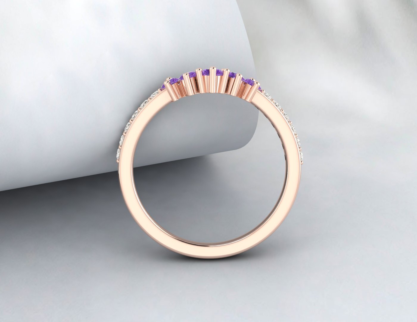 Natural Amethyst Curved Wedding Band Half Eternity Fine Silver 5 Gemstone