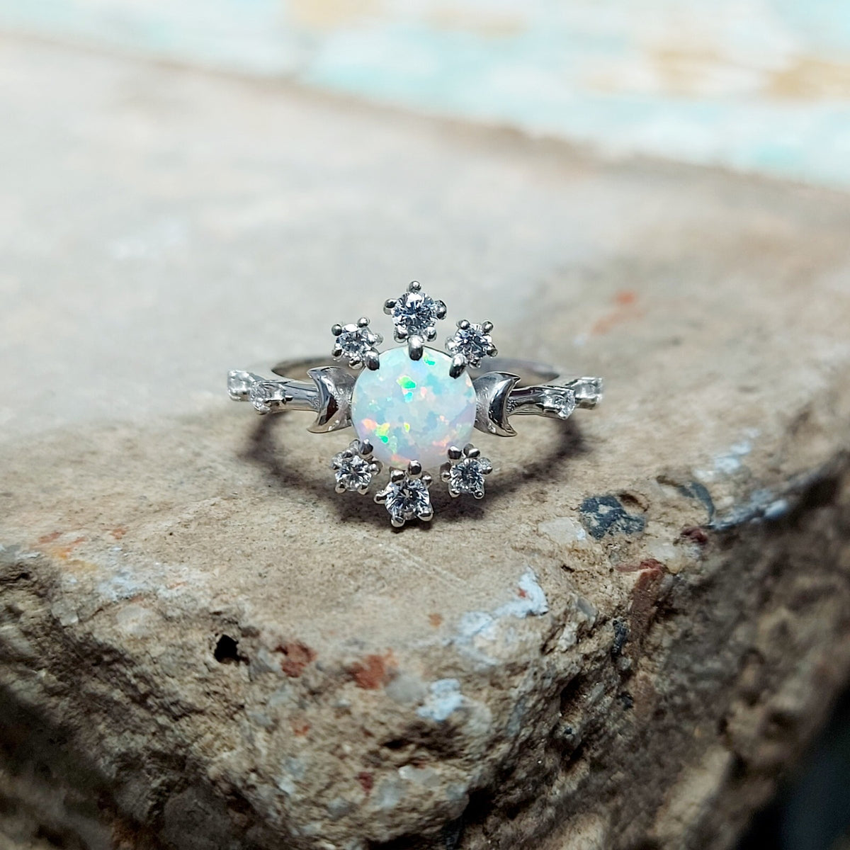 Natural Opal Ring Round Cut CZ Cluster 925 Silver Gift Ring US5~15 