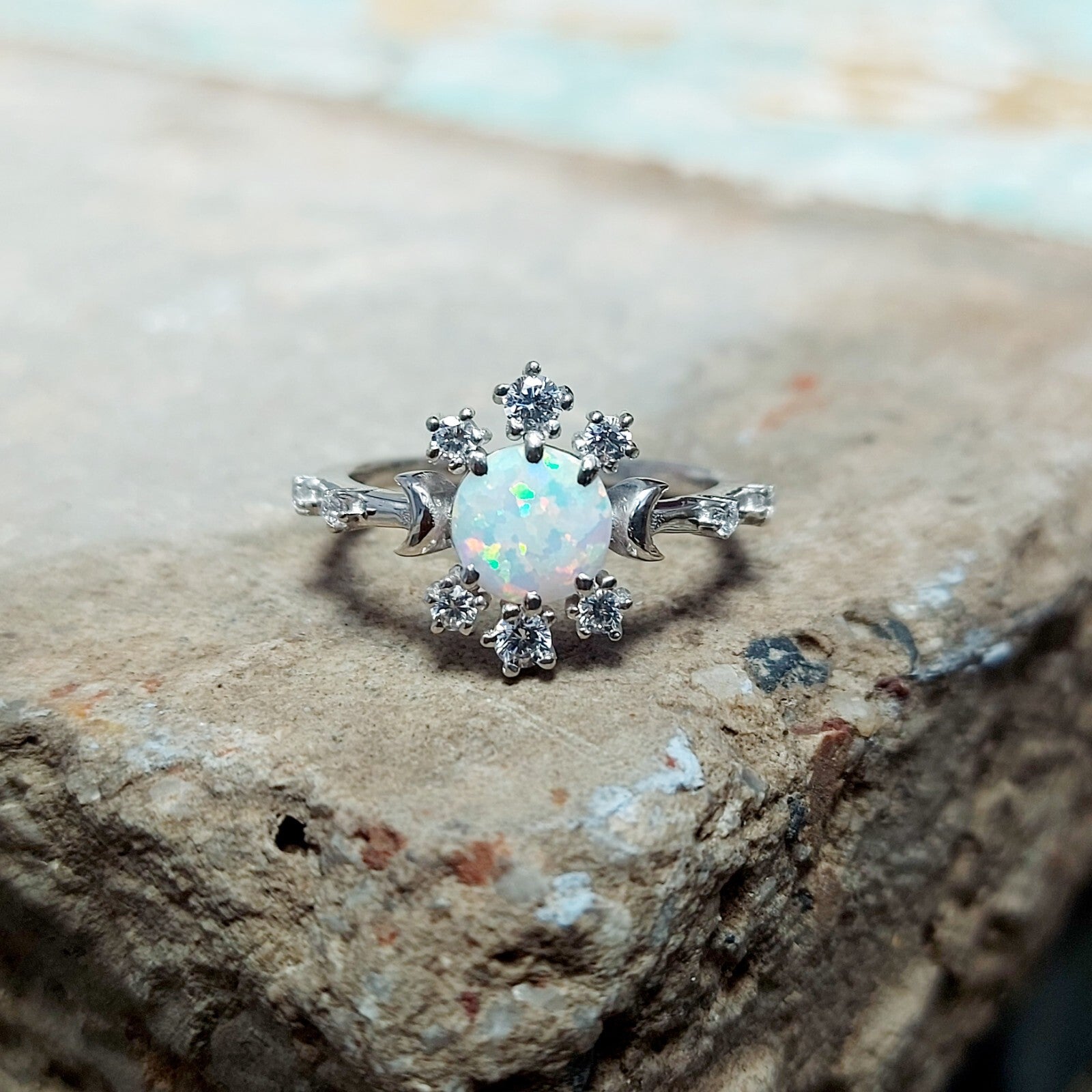 Natural Opal Ring Round Cut CZ Cluster 925 Silver Gift Ring US5~15 Vintage Look