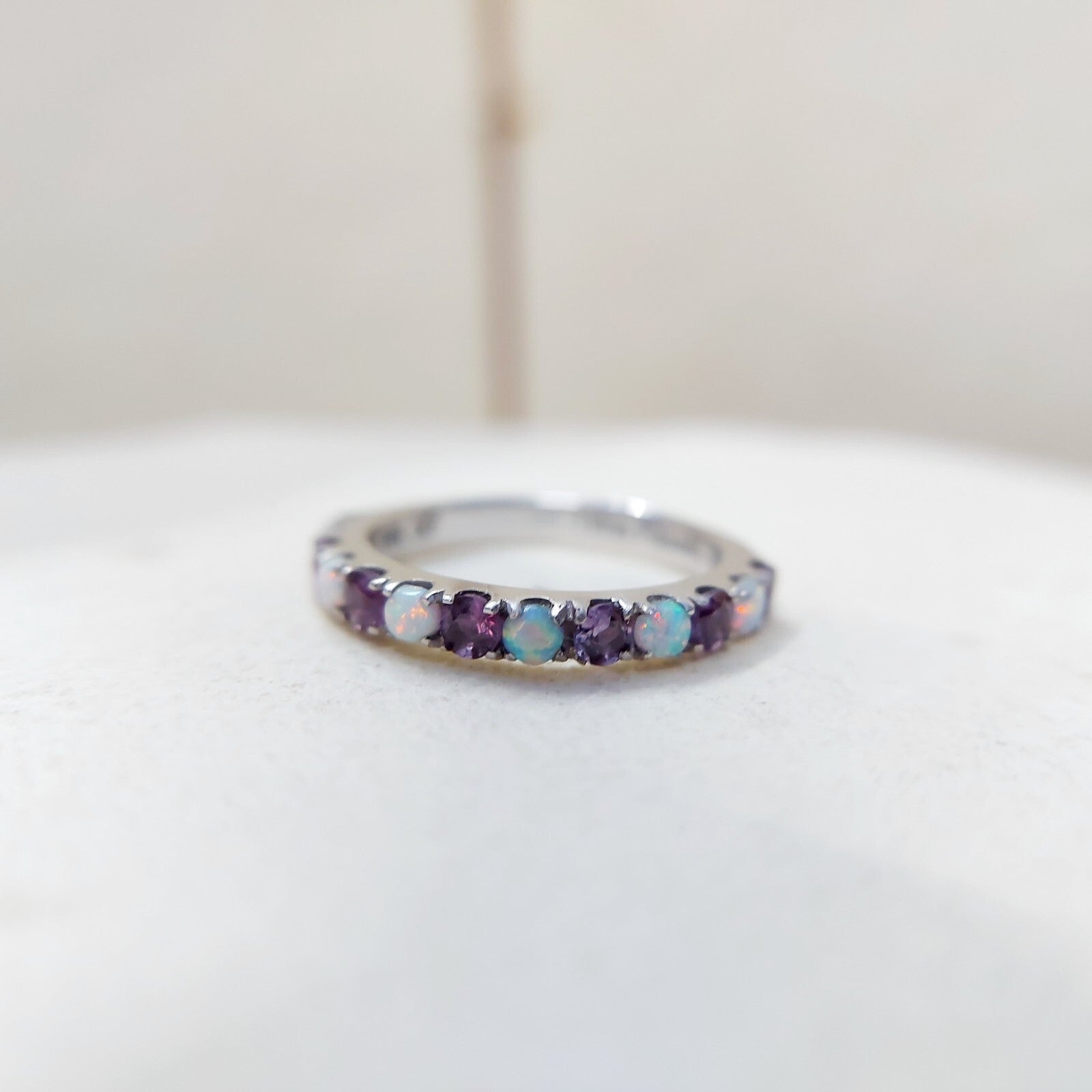 Fire Opal Amethyst Ring Genuine Silver Half Eternity Band Handmade Women US5~15