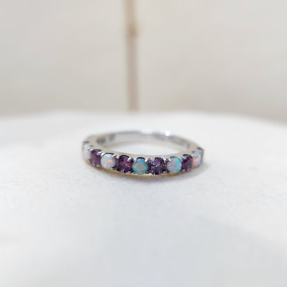Fire Opal Amethyst Ring Genuine Silver Half Eternity Band Handmade Women US5~15