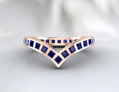 Princess Cut Blue Sapphire Wedding Band Fine Silver Lab Created Curved Band