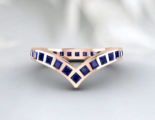 Princess Cut Blue Sapphire Wedding Band Fine Silver Lab Created Curved Band