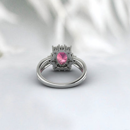 Natural Pink Tourmaline Cluster Ring 925 Sterling Silver Ring Oval Cut Pink Ring