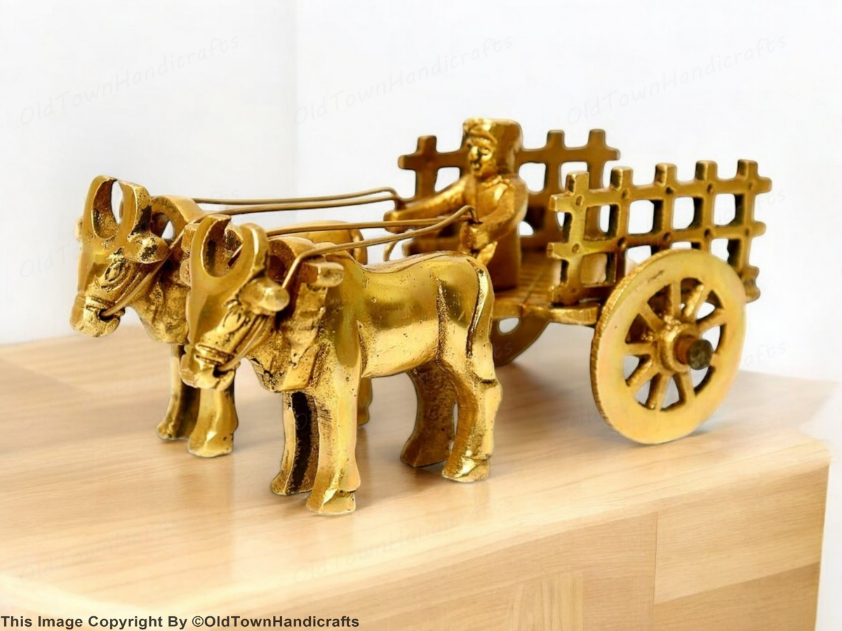 Brass Vintage Bullock Cart Showpiece Home Decor with Double Bull 6cm