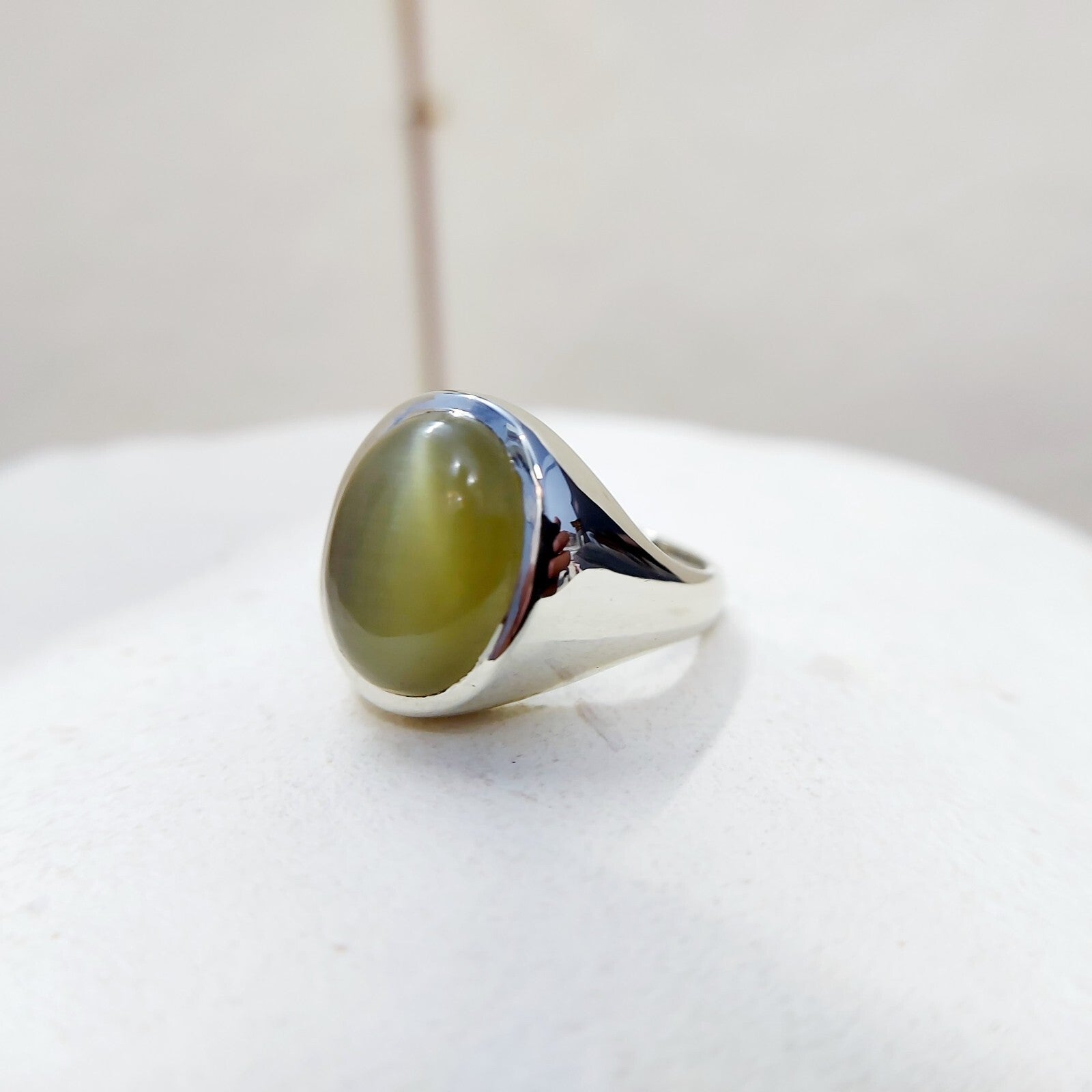 Yellow Cats Eye Chrysoberyl Ring Wide Band Handmade 925 Silver Men Ring US5~15