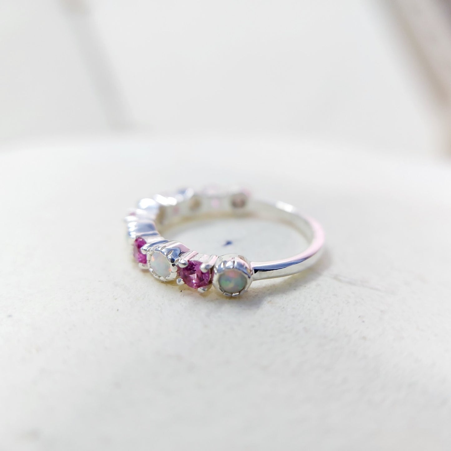 Opal and Ruby Wedding Ring Half Eternity Band Silver Stackable Band Gift Us5~ 15