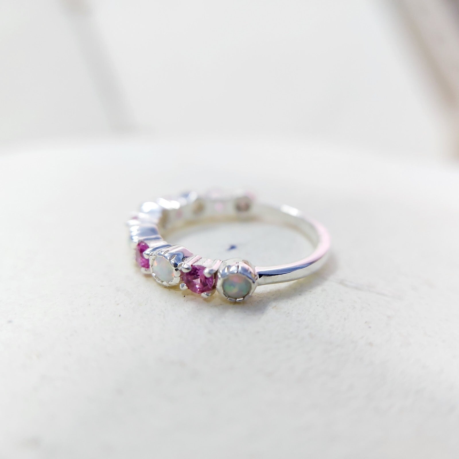 Opal and Ruby Wedding Ring Half Eternity Band Silver Stackable Band Gift Us5~ 15