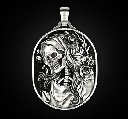 Skull Rose Serpent Pendant 925 Silver Skull Gothic Biker Necklace For Men Women