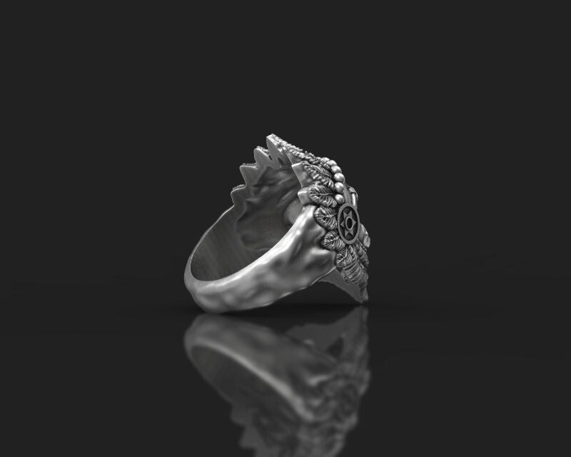 Silver Skull Indian Tribal Chief Ring US5-15 Handmade Statement Skull Ring Men