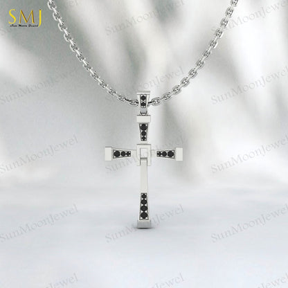 925 Silver Natural Black Onyx Cross Necklace Religious Charm Pray Rosary Pendant