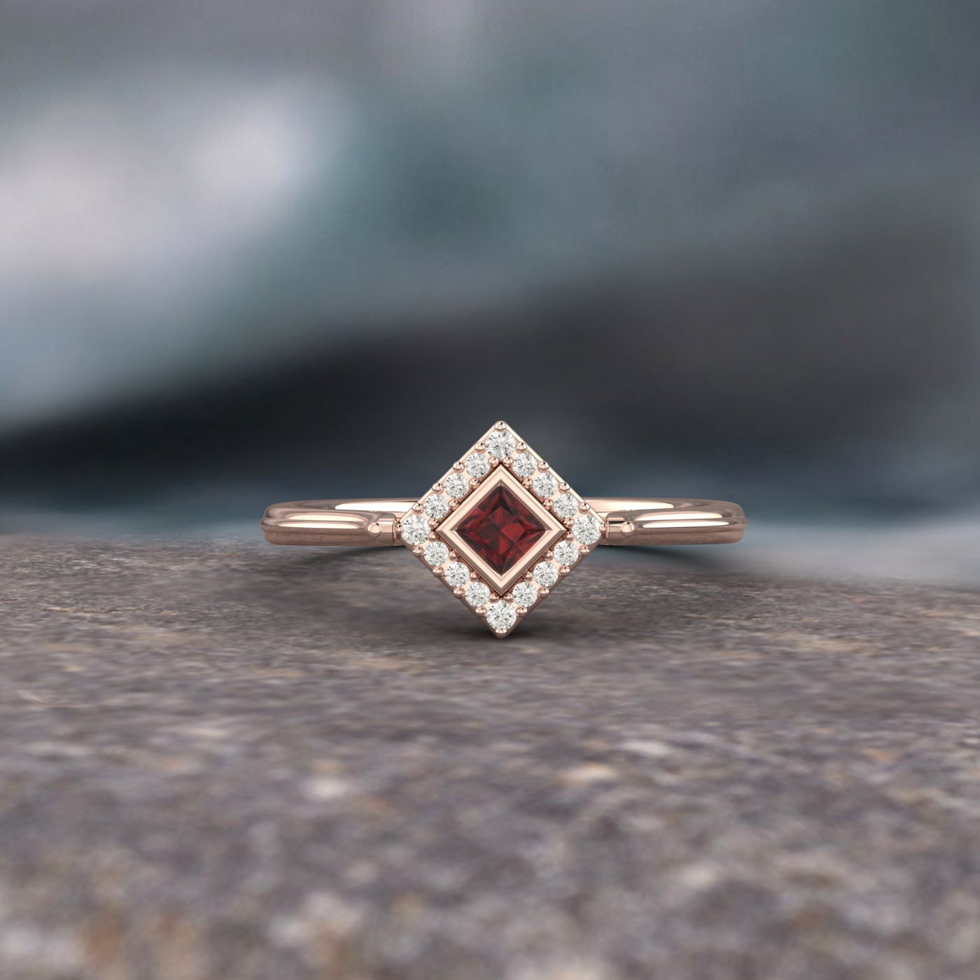 Natural Princess Cut Red Garnet Solitaire Ring 925 Sterling Silver Ring Vintage