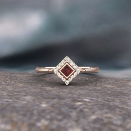 Natural Princess Cut Red Garnet Solitaire Ring 925 Sterling Silver Ring Vintage