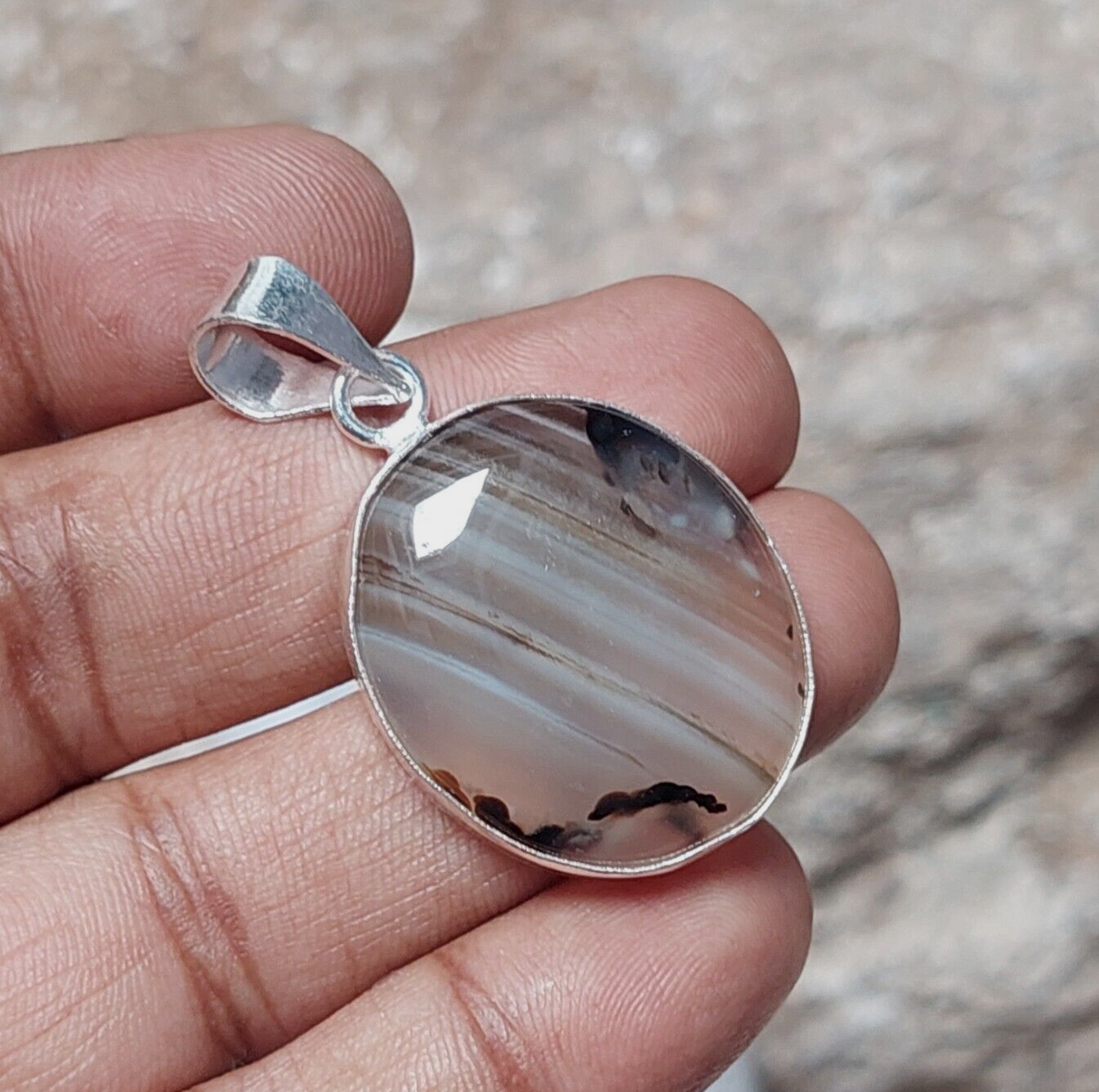 Oval Brown Banded Agate Gemstone 925 Sterling Silver Handmade Pendant Necklaces