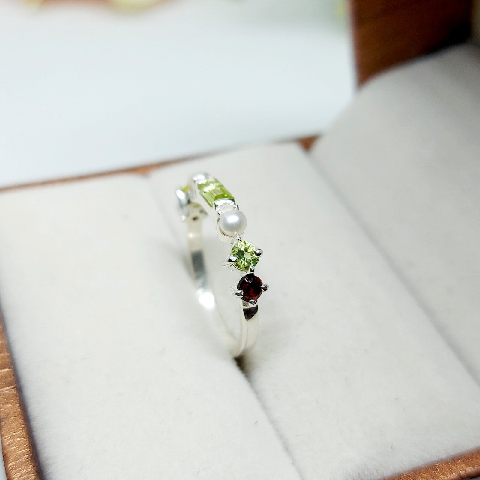 Natural Peridot 925 Silver Baguette Cut Ring Minimalist Green Stone Band US5~15